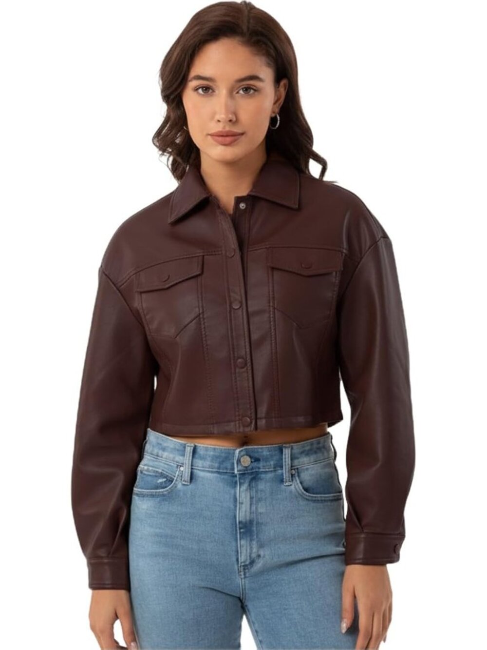 Women’s Camel Faux Leather Cropped Moto Biker Jacket Trendy PU Coat